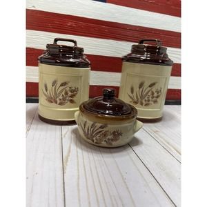 Vintage Set Of 3 Sears Roebuck Ceramic Wheat Pattern Milk Can Style Canister Lid